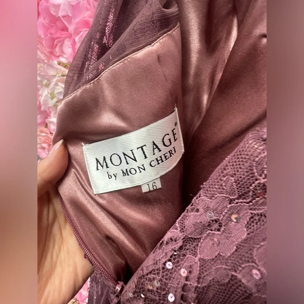 Montage by Mon Cheri size 16 lace and beaded long v neck dress mauve - Picture 5 of 6
